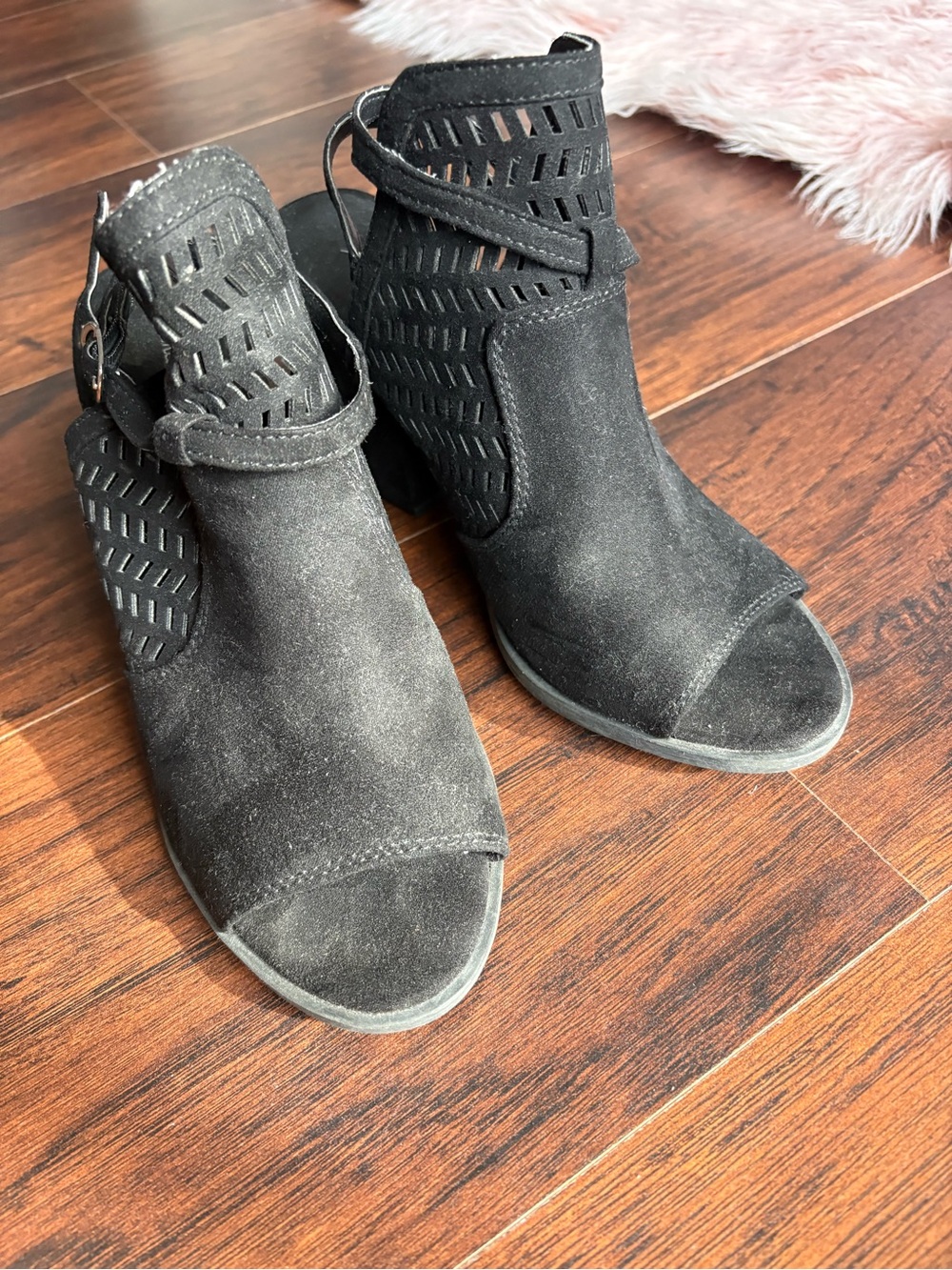 American Eagle By Payless Black Suede Cutout Peep-Toe Booties